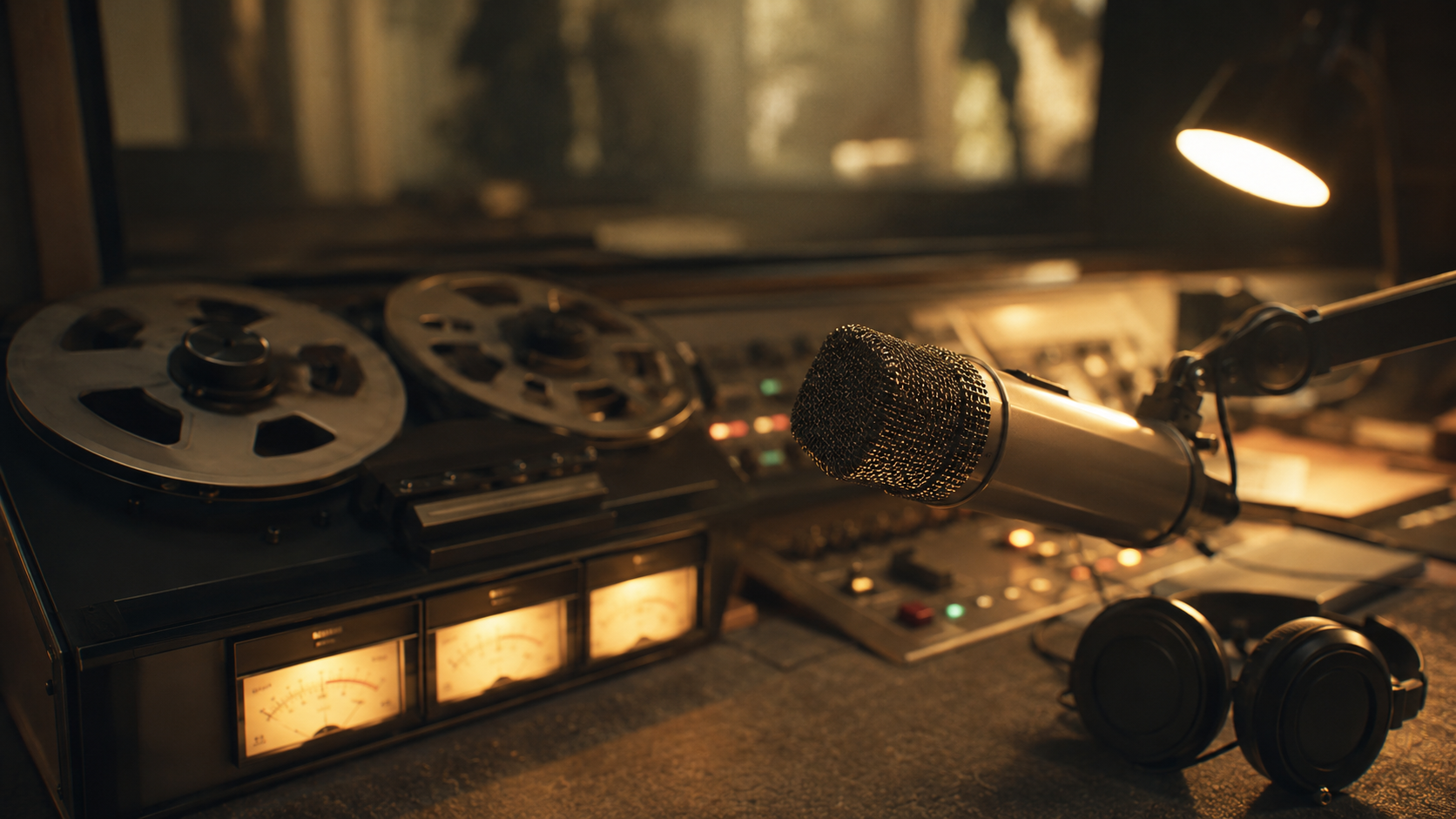 Studio de radio d'epoque avec micro ancien et magnetophone a bandes