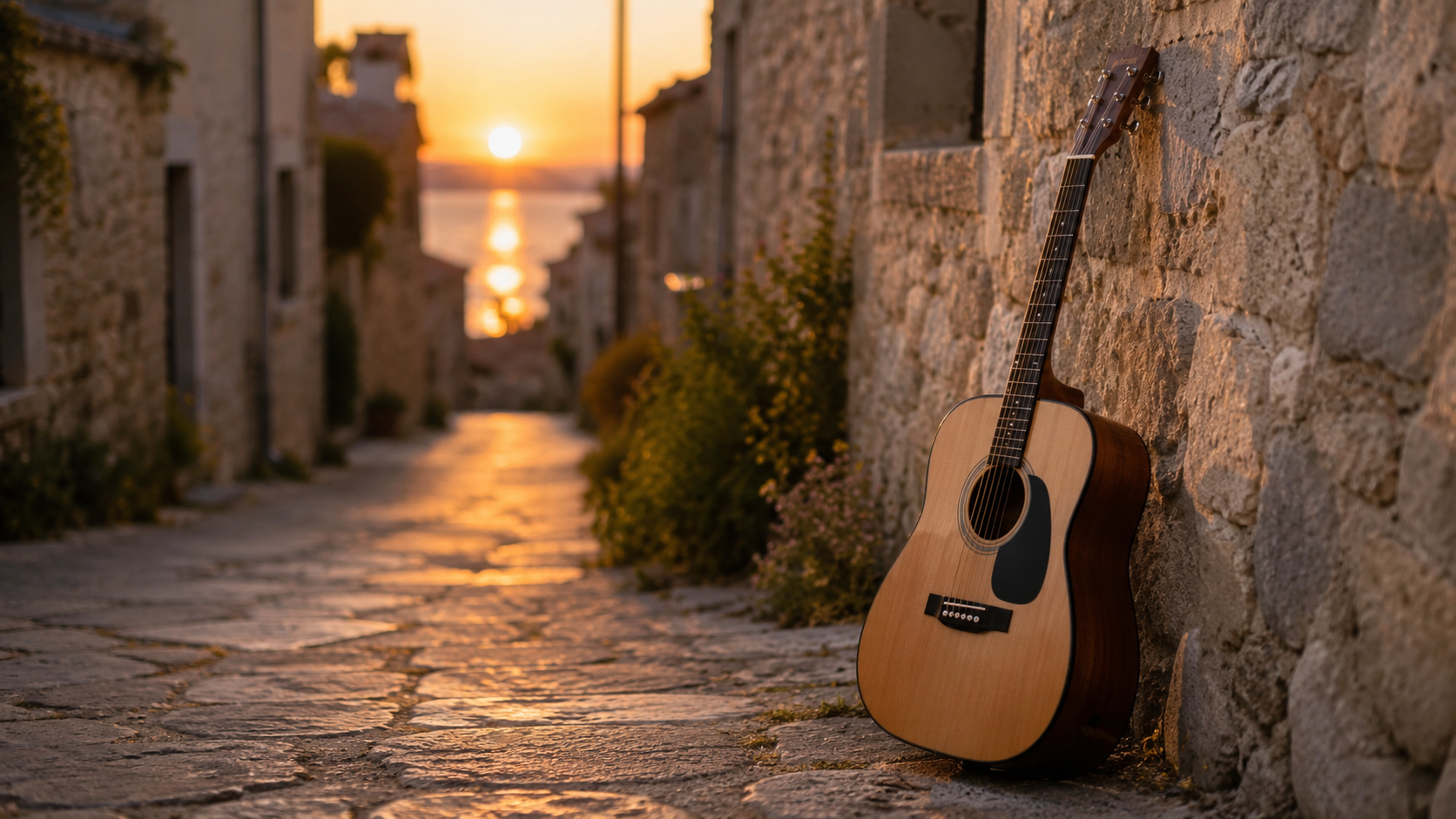 Guitare acoustique posee contre un mur de pierre dans une ruelle au crepuscule