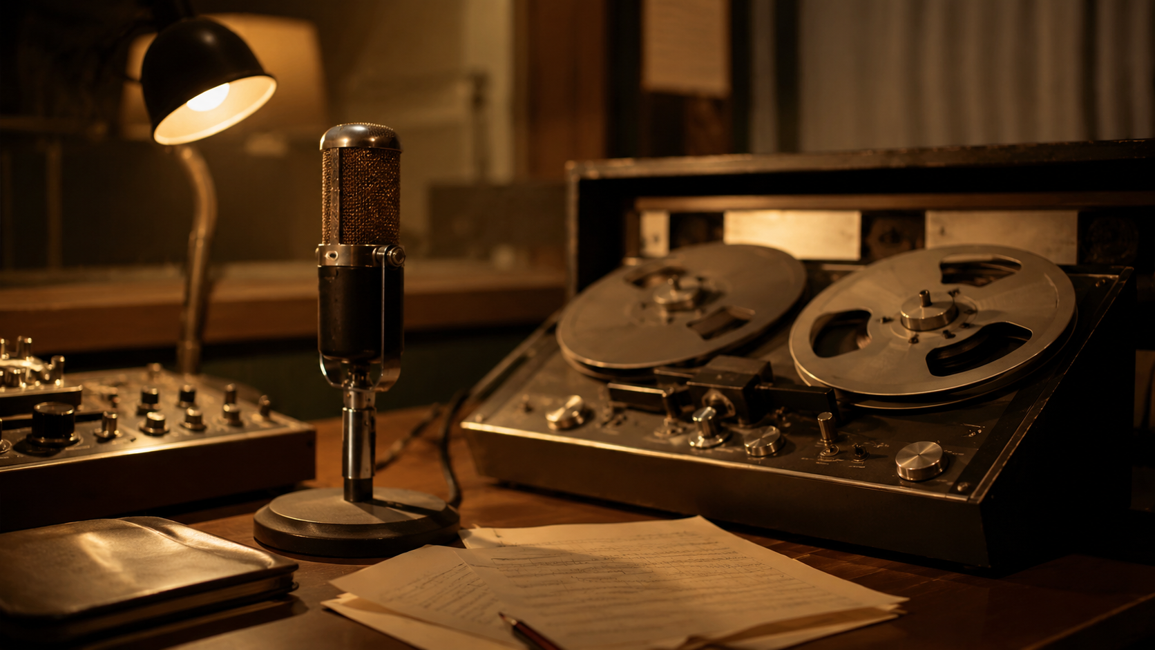 Un studio de radio d'époque avec micro vintage et magnétophone à bandes sous une lumière chaude