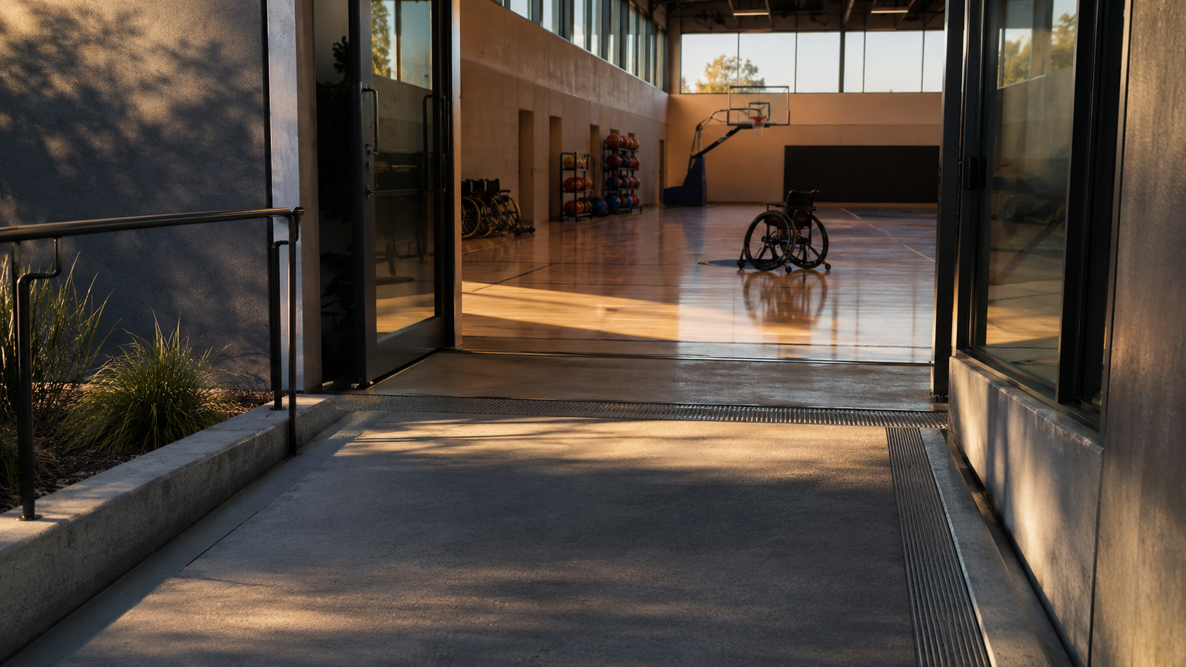 Porte ouverte d'un gymnase accessible