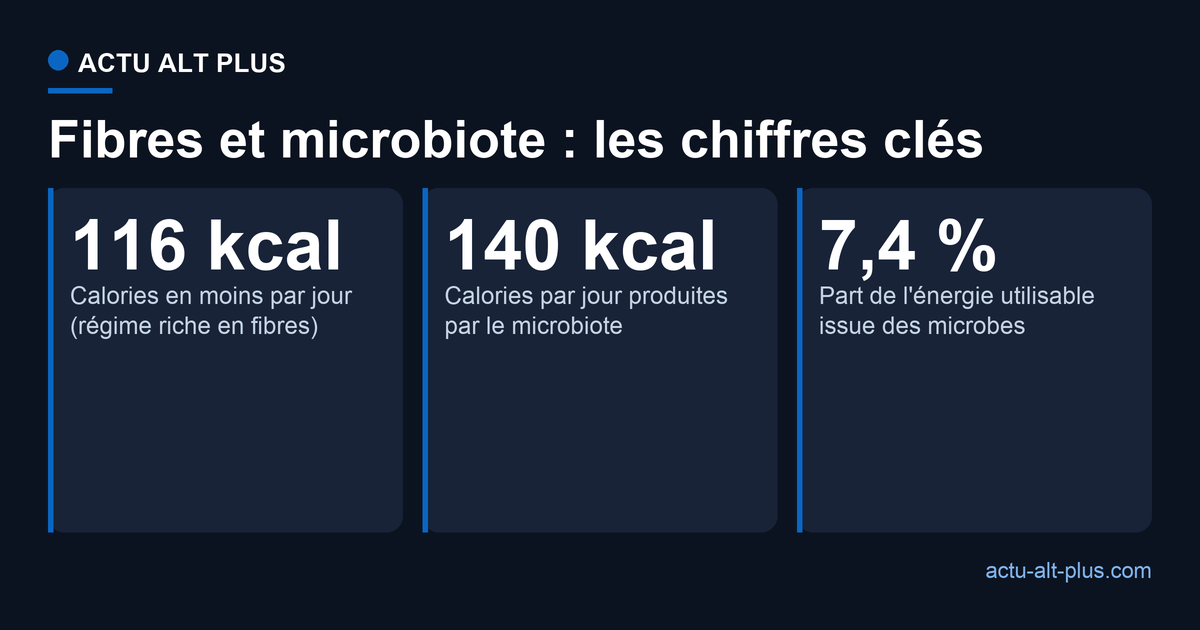 Trois chiffres clés de l'étude : 116 calories de moins par jour avec un régime riche en fibres, 140 calories par jour produites par le microbiote, soit 7,4 % de l'énergie utilisable.