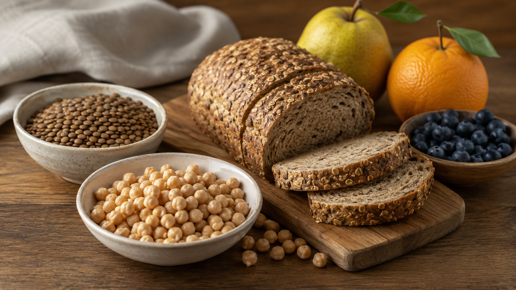 lentilles, pois chiches, pain complet et fruits posés en nature morte sur du bois