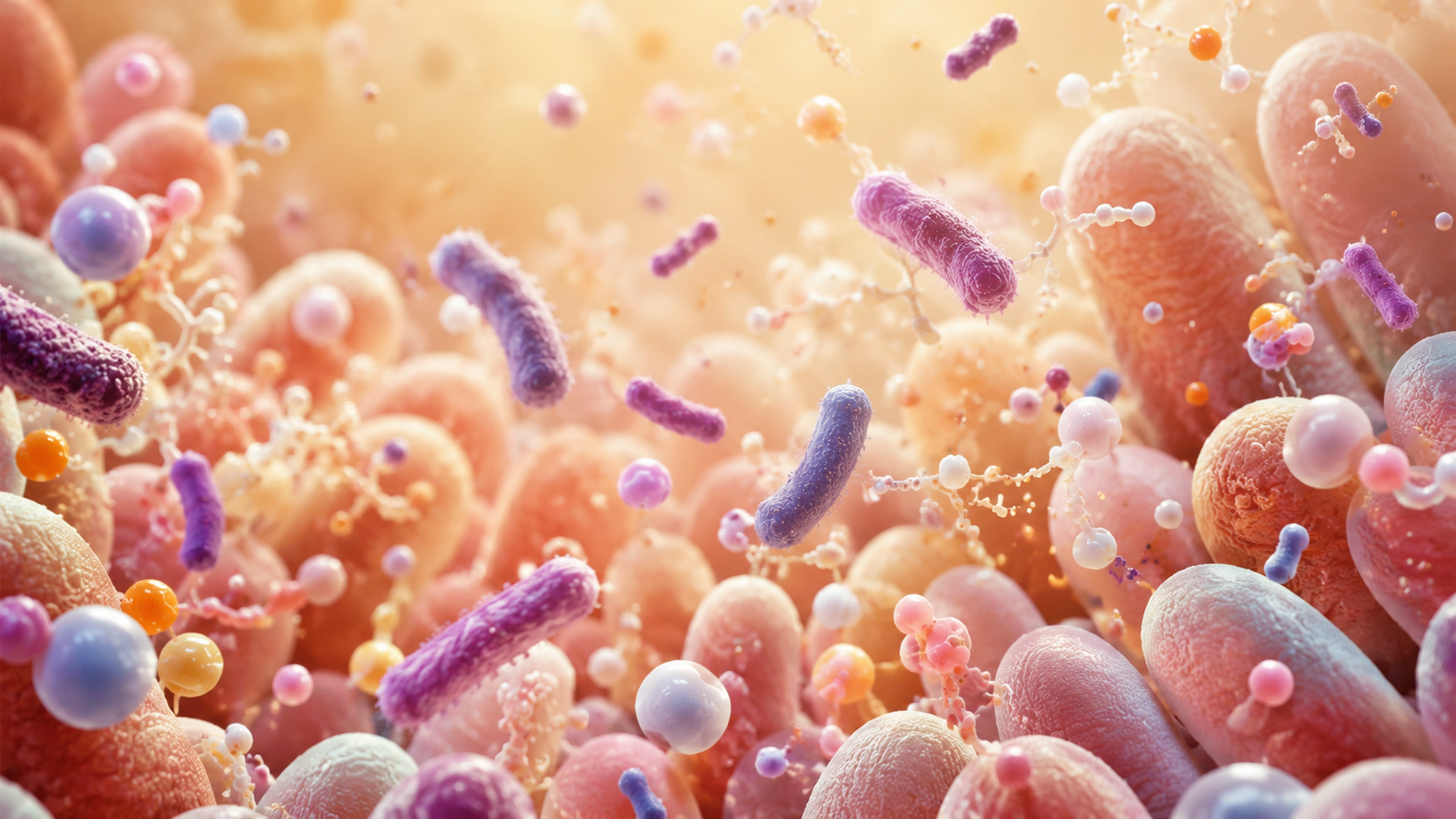 représentation macro abstraite et élégante de micro-organismes intestinaux, formes organiques sur fond chaud