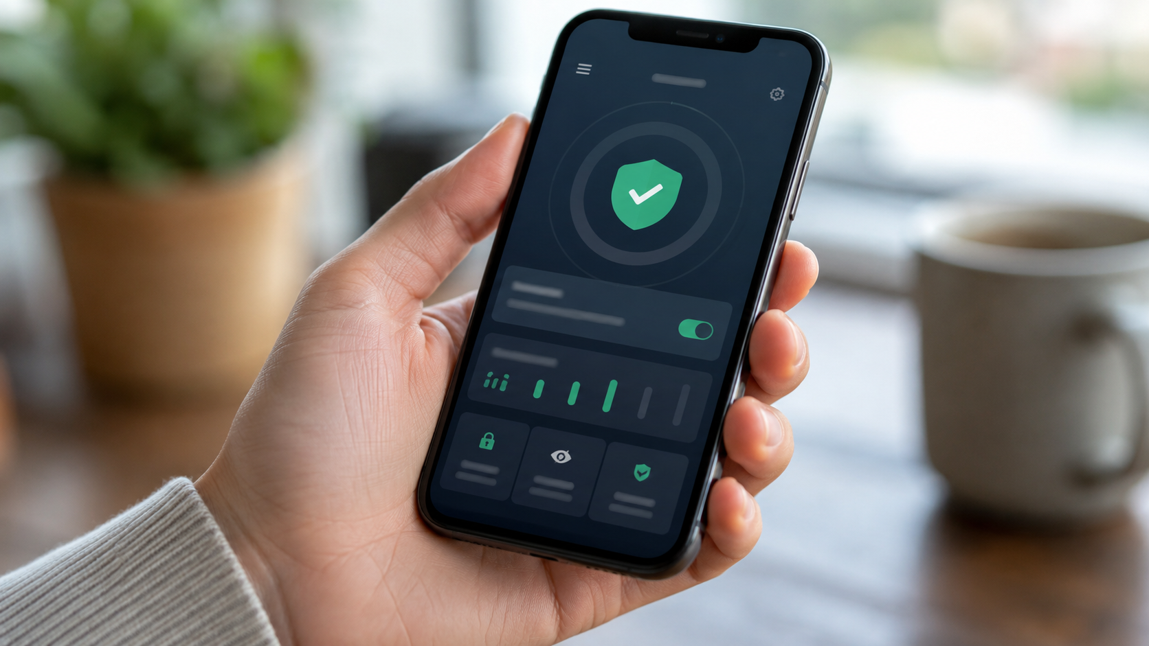 Un smartphone en main affichant un tableau de bord de confidentialite avec un compteur de traqueurs