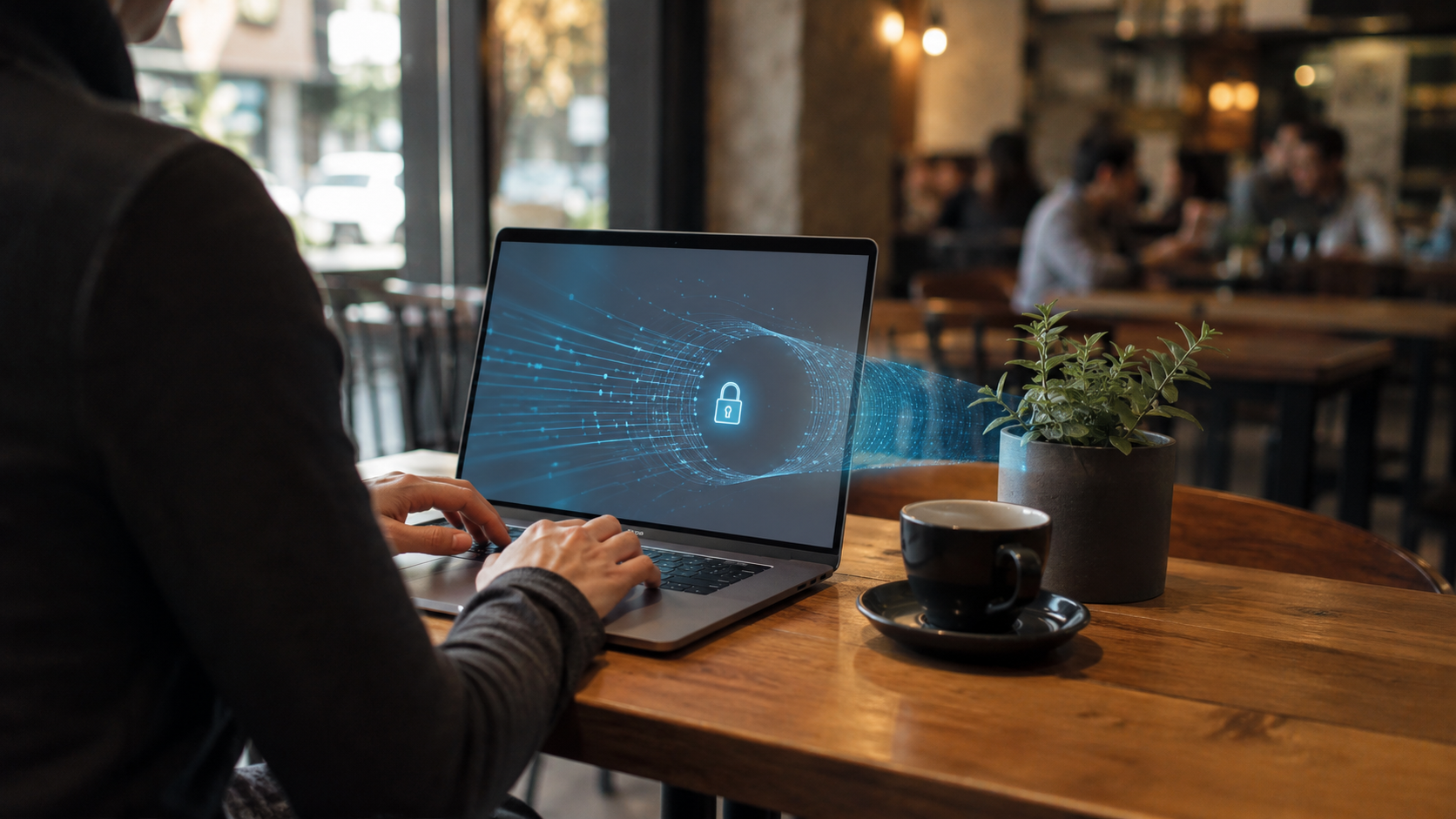 Une personne sur un ordinateur portable dans un cafe, connexion protegee par un tunnel securise