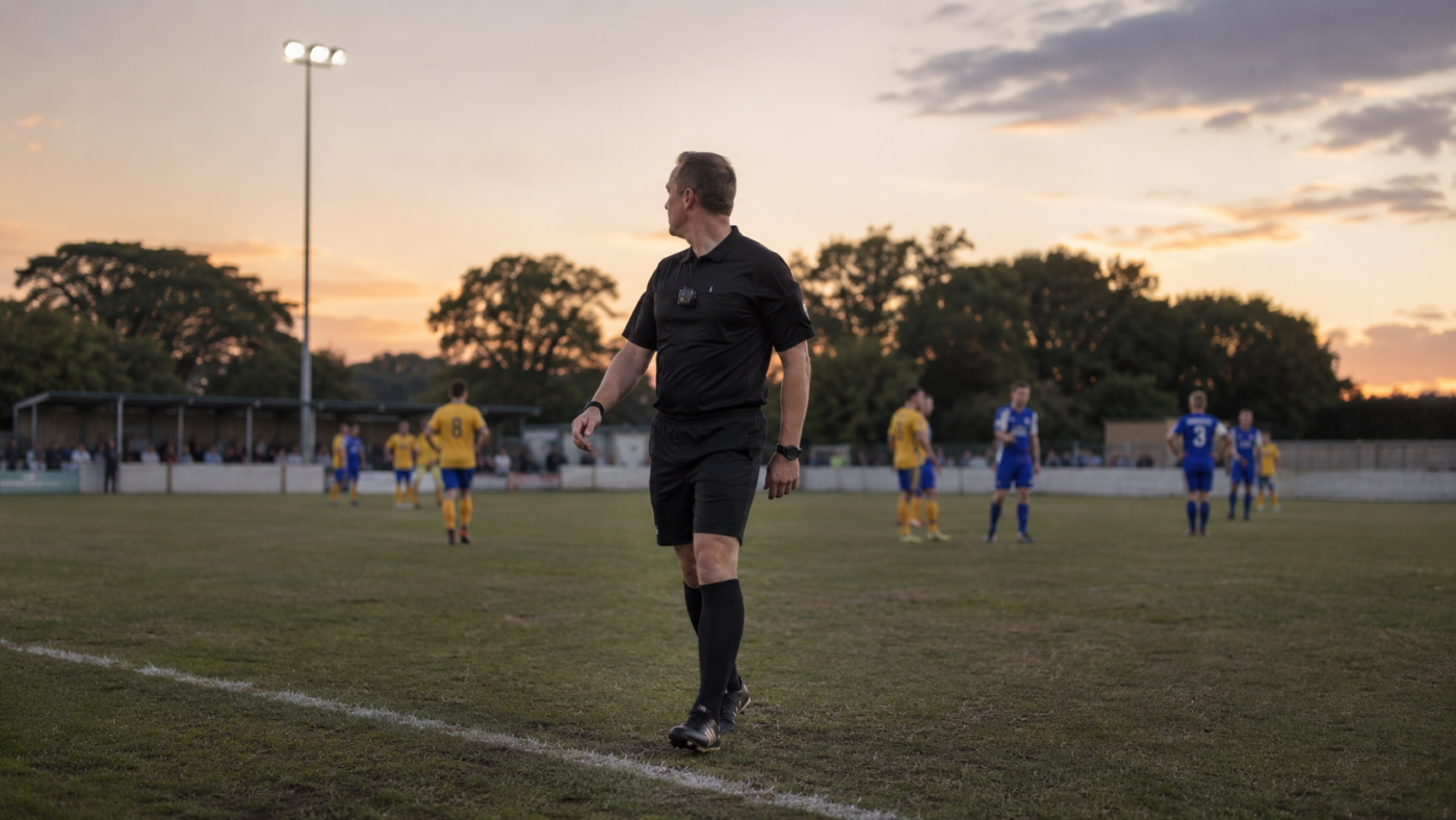 Arbitre de football amateur portant une camera-pieton sur le torse, joueurs a distance respectueuse