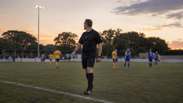 Arbitre de football amateur portant une camera-pieton sur le torse, joueurs a distance respectueuse