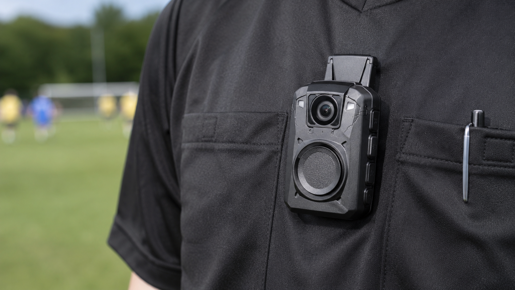 Gros plan d'une camera-pieton fixee sur le maillot noir d'un arbitre de football