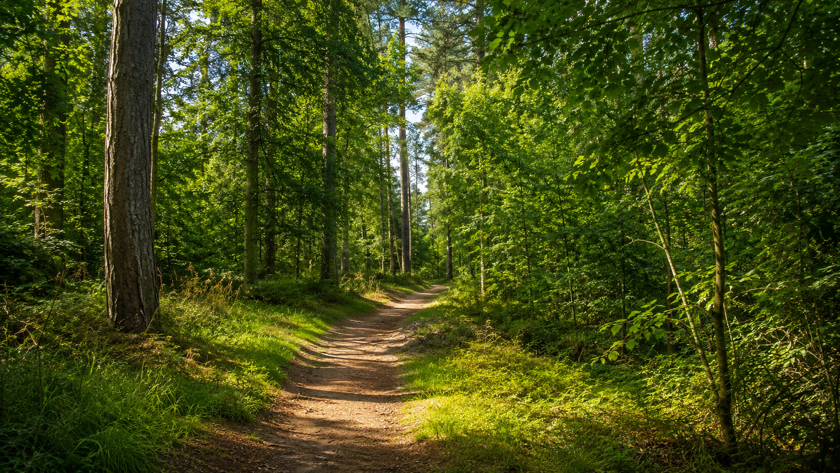 Un sentier de randonnee ensoleille traversant une foret domaniale en ete