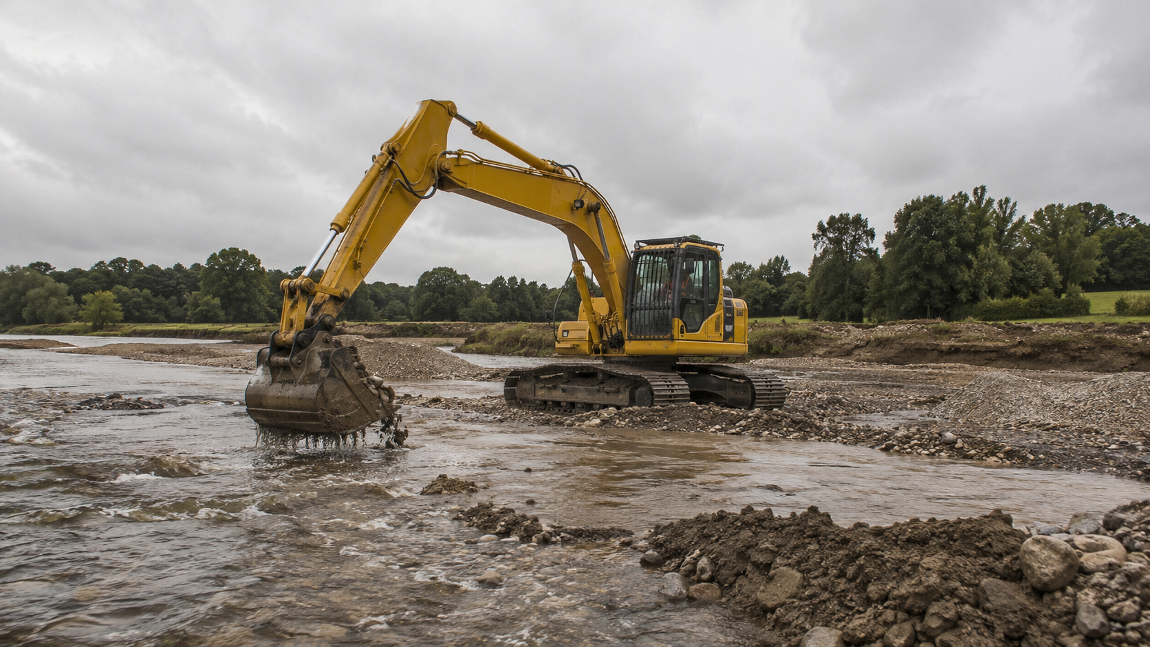 Une pelleteuse extrayant du gravier dans le lit d’une rivière anglaise