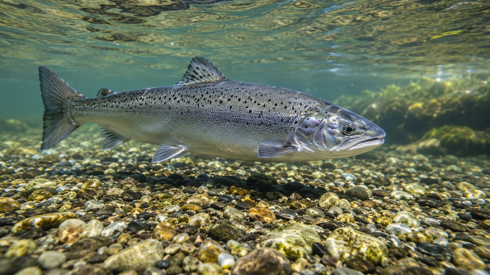 Saumon atlantique nageant sur une frayère de gravier en eau claire