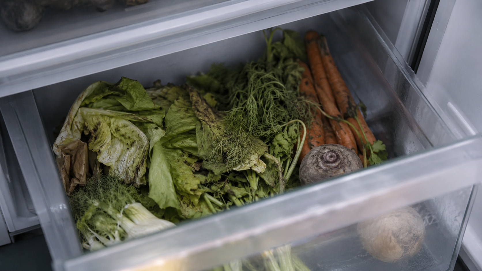 Bac à légumes ouvert avec des légumes fanés oubliés au fond du réfrigérateur