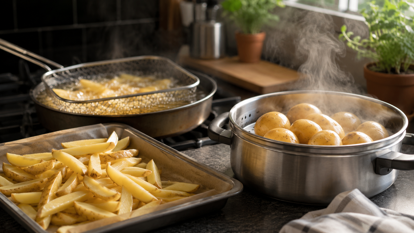 Deux cuissons de pommes de terre dans une cuisine