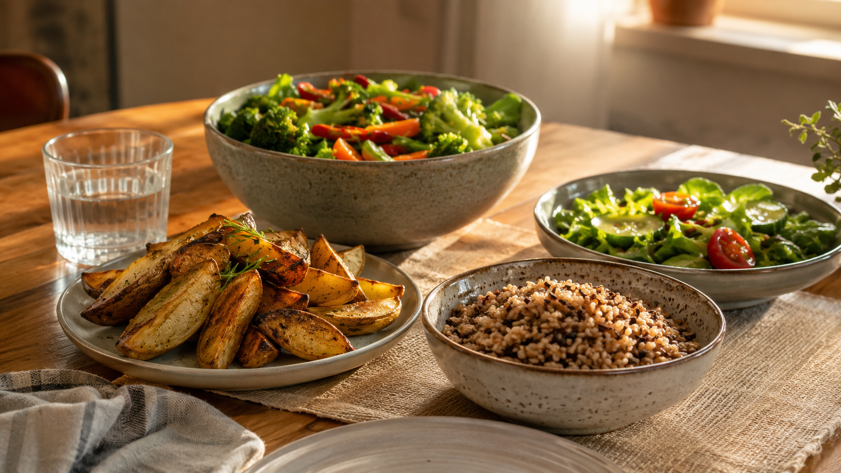 Table simple avec pommes de terre et céréales complètes