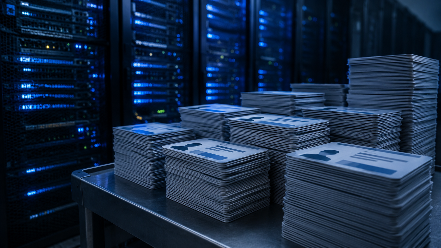 Des cartes d'identite anonymisees empilees devant une baie de serveur faiblement eclairee