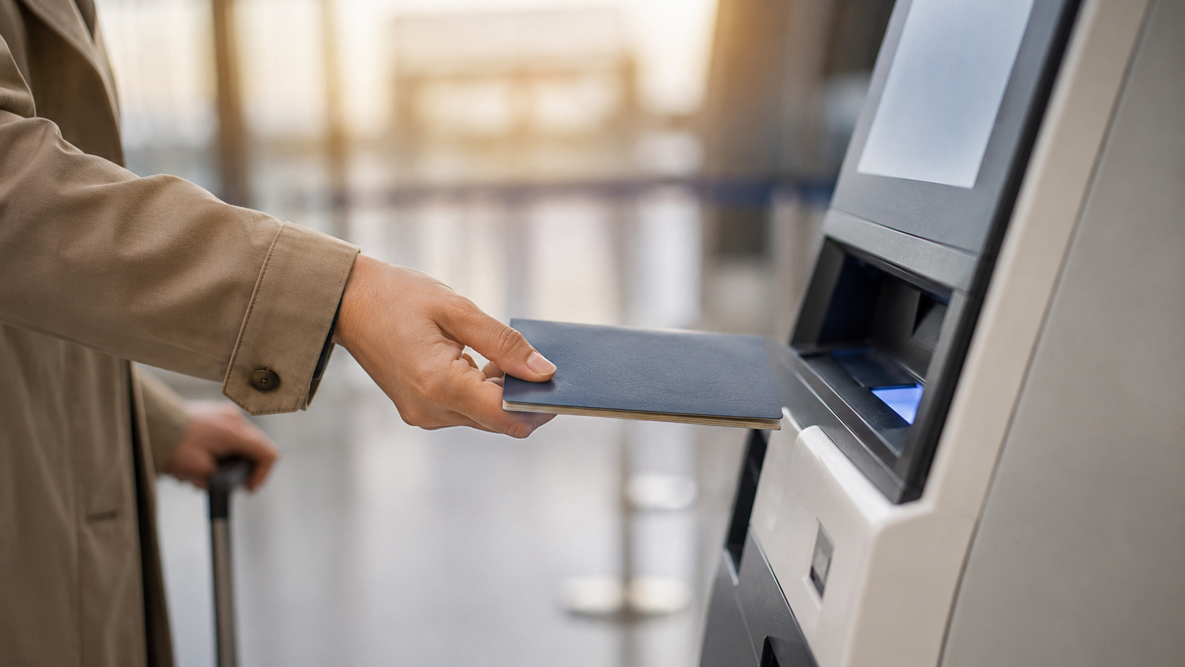 Une main tend un passeport generique vers une borne de verification en ligne sommaire