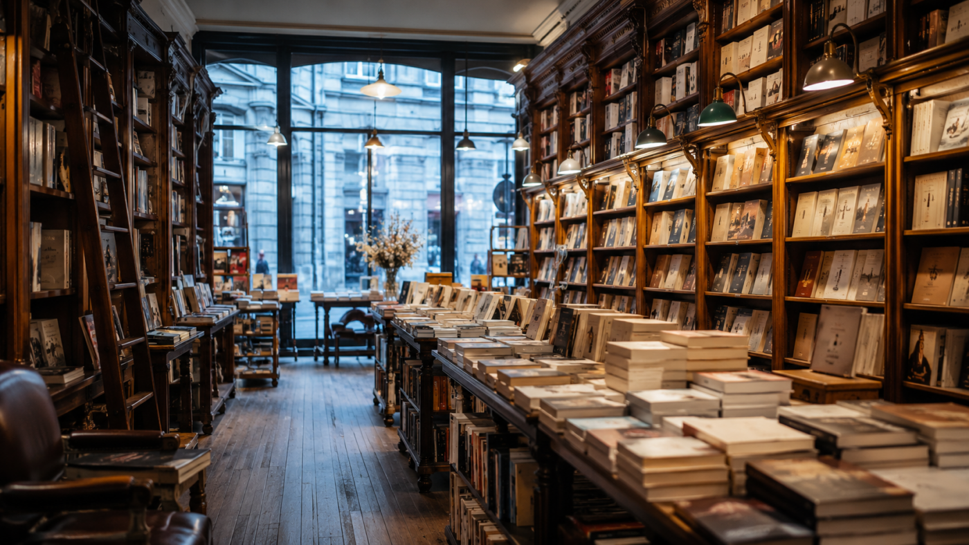 Tables de livres dans une librairie de centre-ville