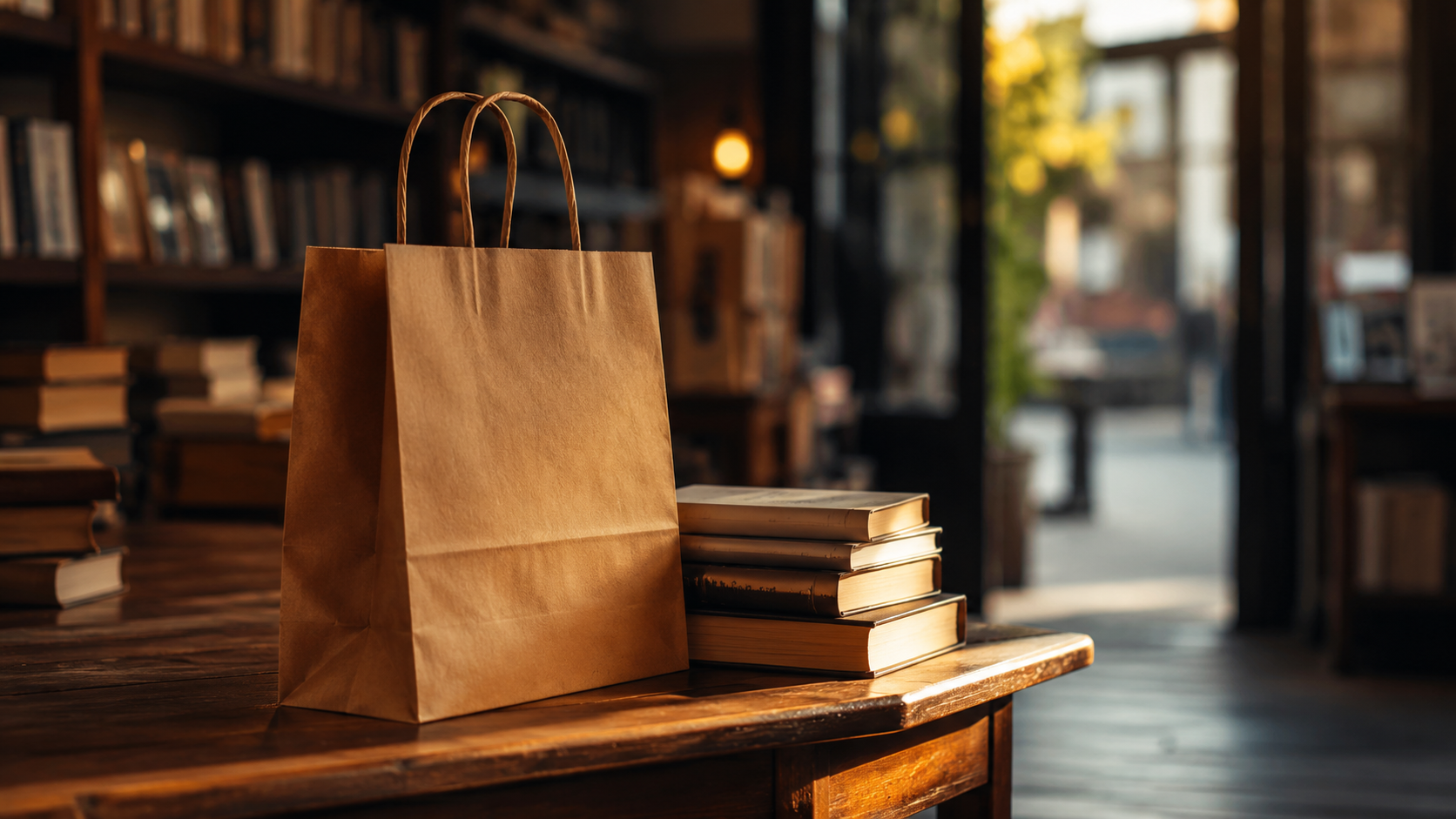 Sac papier neutre et livres sans titres lisibles