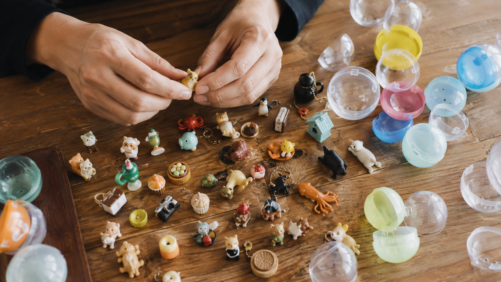 Figurines miniatures et porte-clés étalés sur une table à côté de capsules en plastique ouvertes