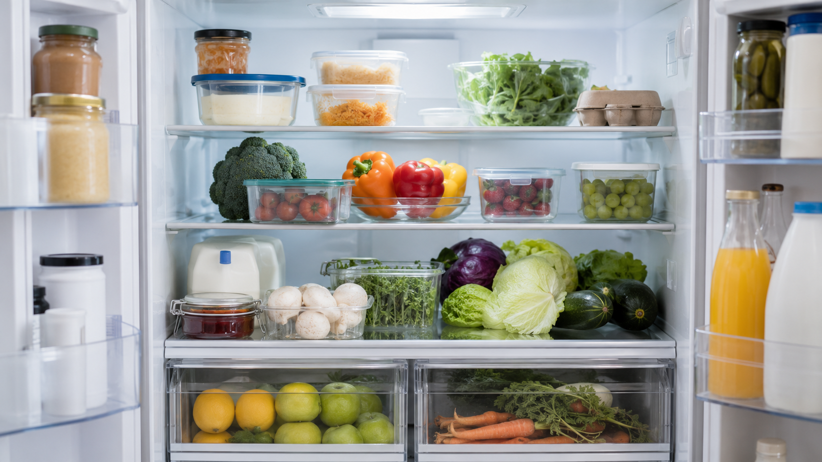 Intérieur d'un réfrigérateur domestique garni de produits frais et emballés