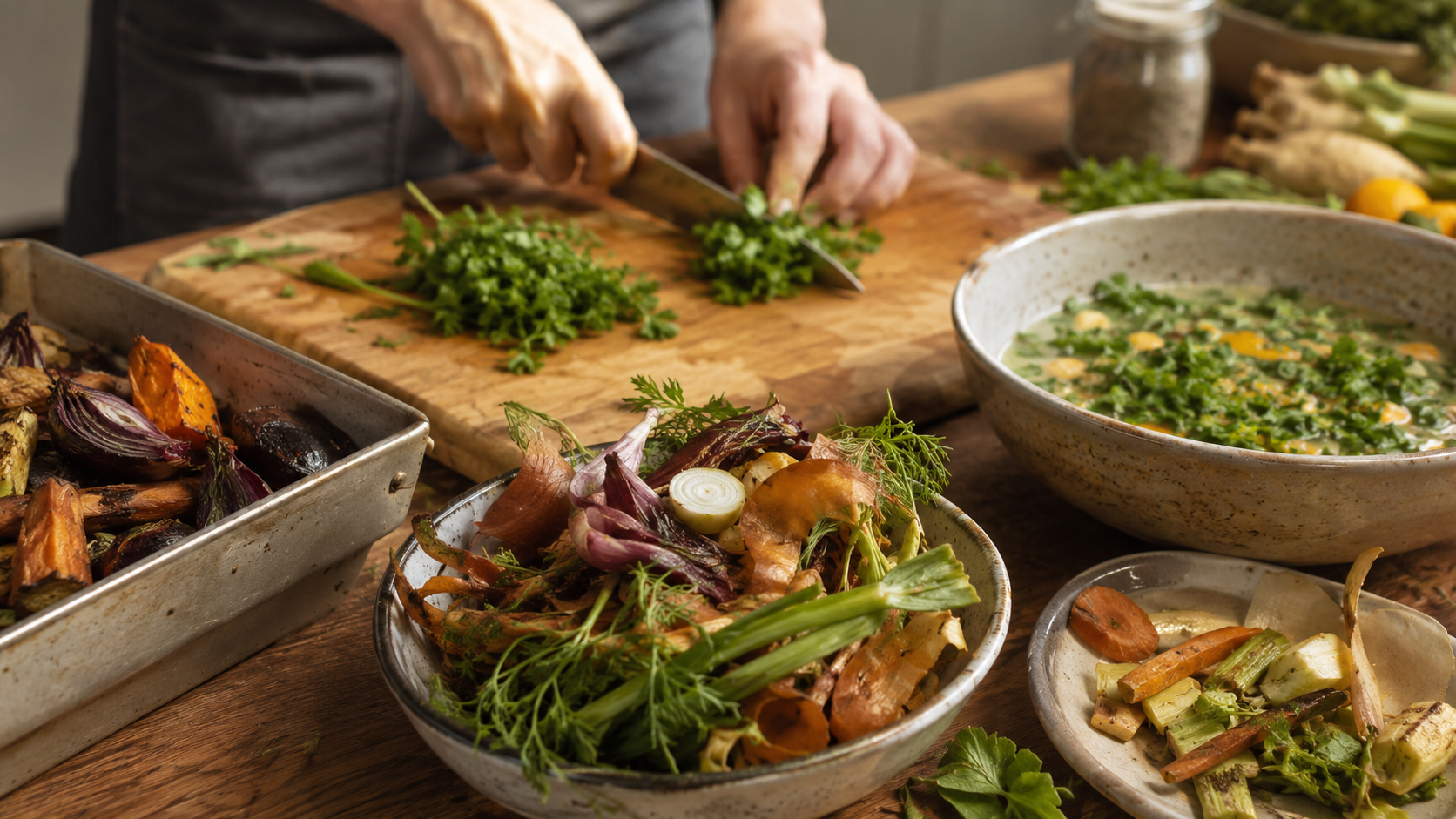 Des restes et des légumes fatigués transformés en plat sur une planche à découper