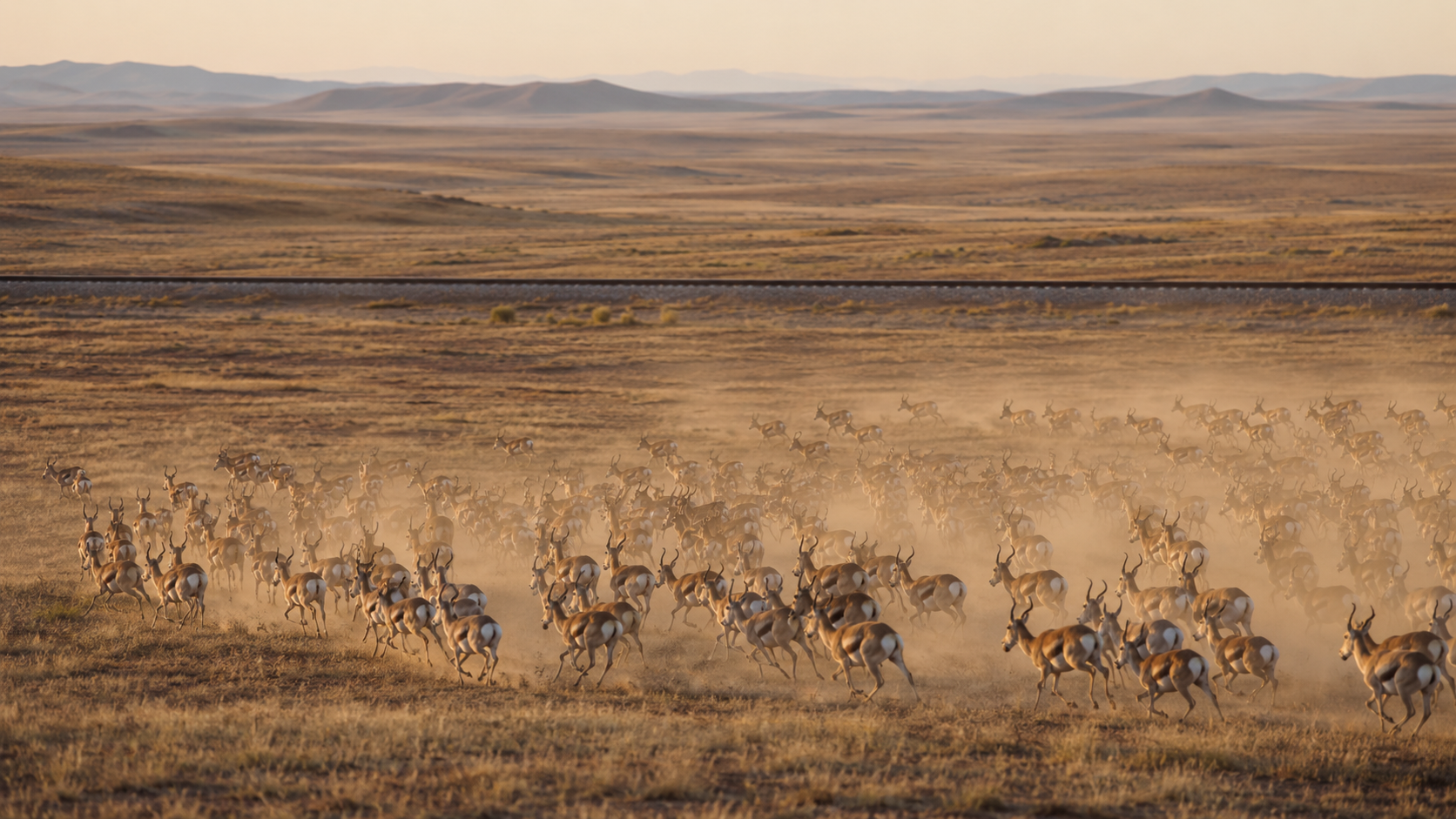 Un grand troupeau de gazelles de Mongolie près d'une voie ferrée traversant la steppe
