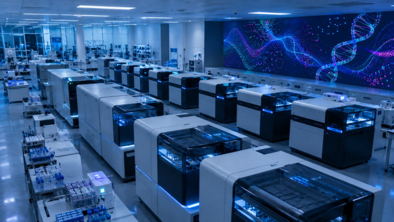 Un laboratoire de génomique moderne avec des machines de séquençage et un écran de données ADN