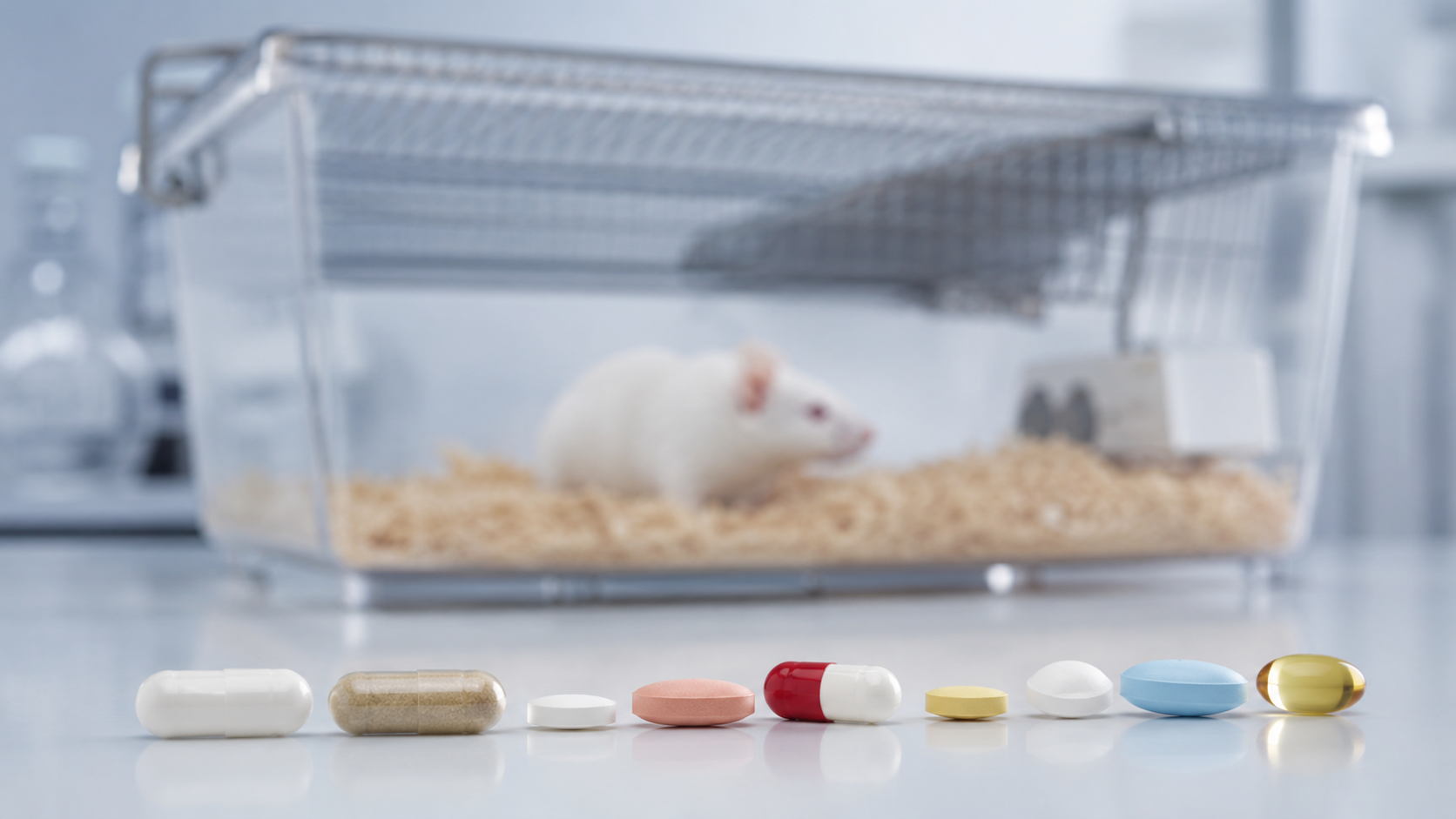 Des comprimés et gélules au premier plan, une cage de souris de laboratoire floue en arrière-plan