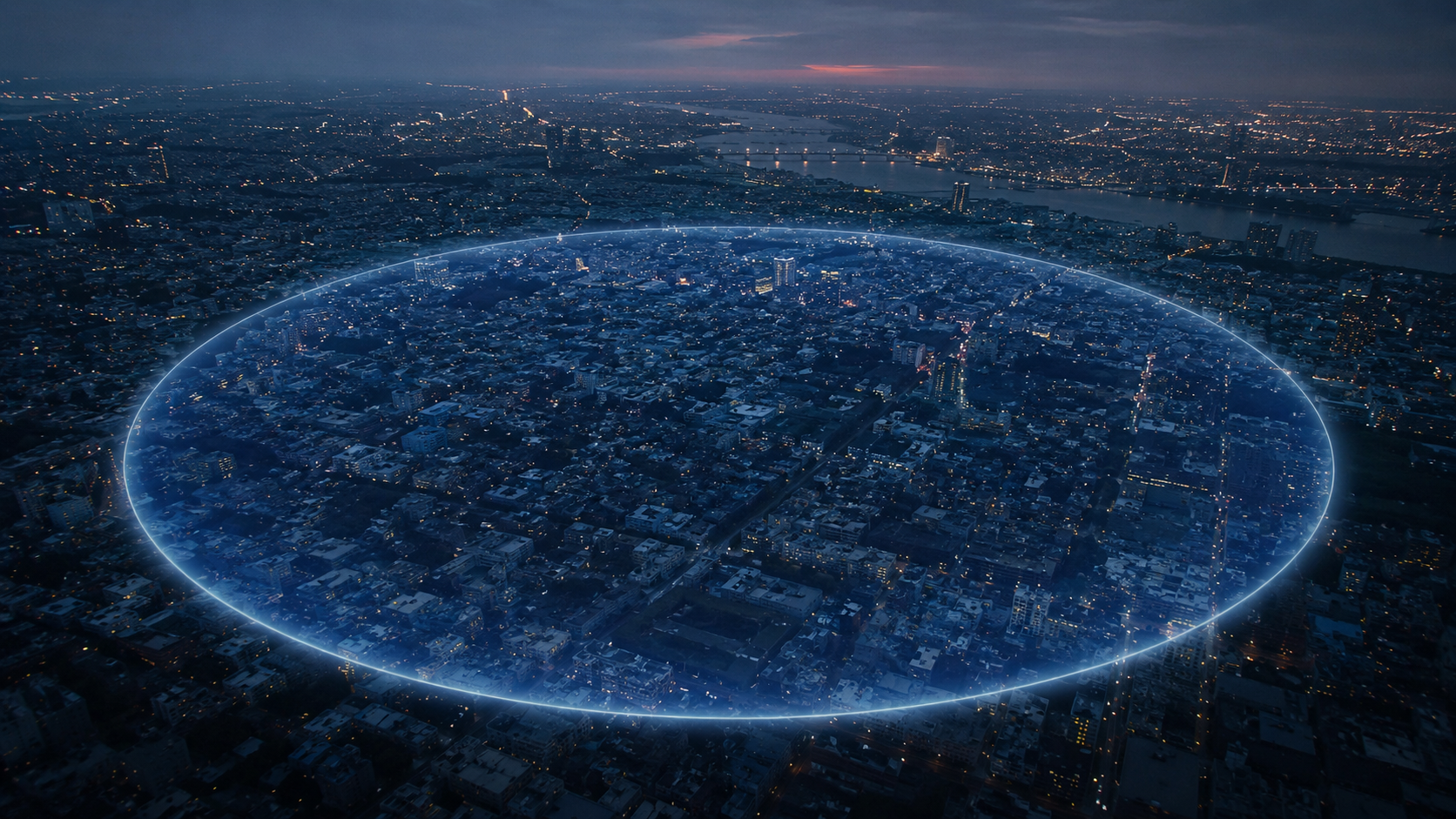 Vue aerienne abstraite d'un quartier urbain la nuit avec un cercle lumineux pose sur la ville