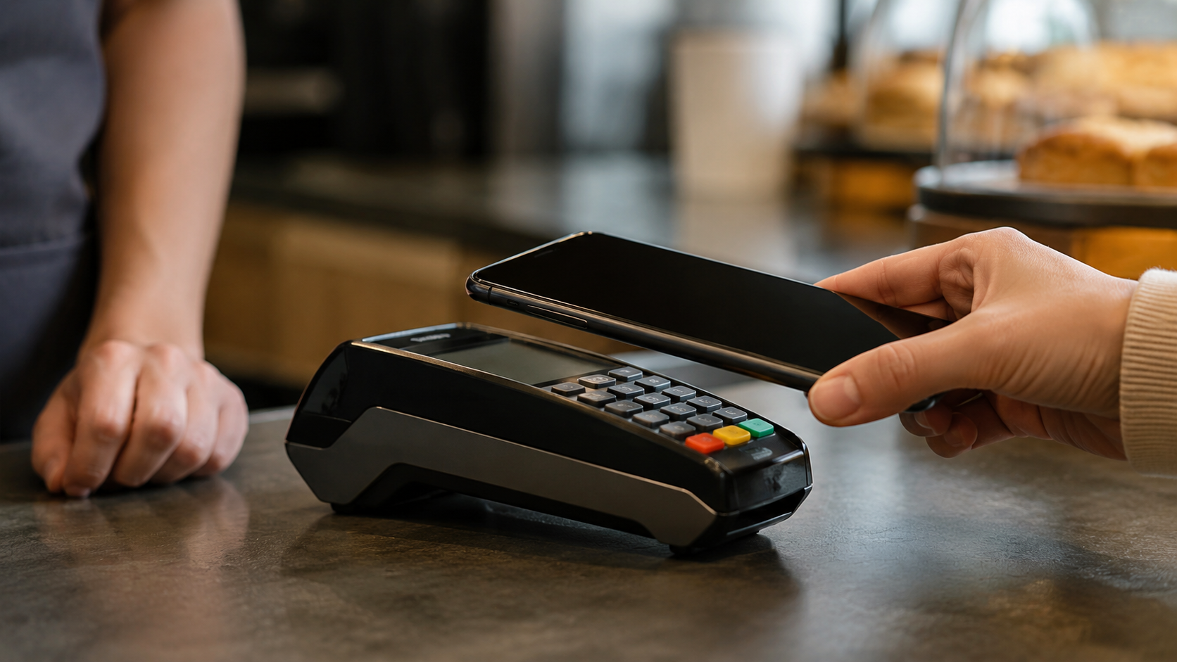 Un smartphone approché d'un terminal de paiement générique sur un comptoir