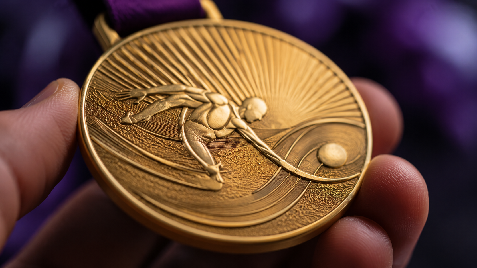 Gros plan d'une medaille sportive a reliefs tactiles tenue du bout des doigts
