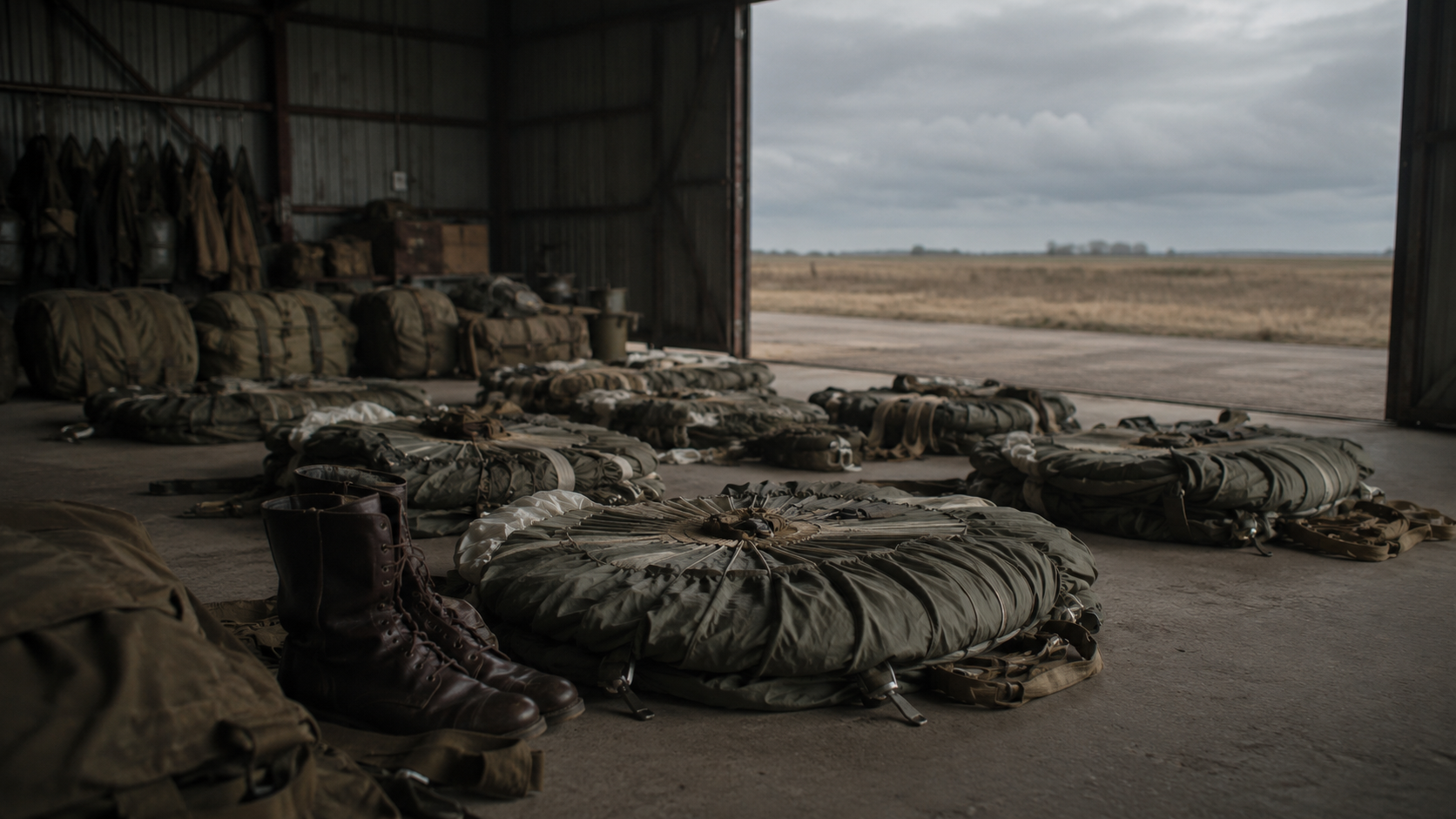 Des parachutes ronds pliés dans un hangar ouvert sur un ciel gris.
