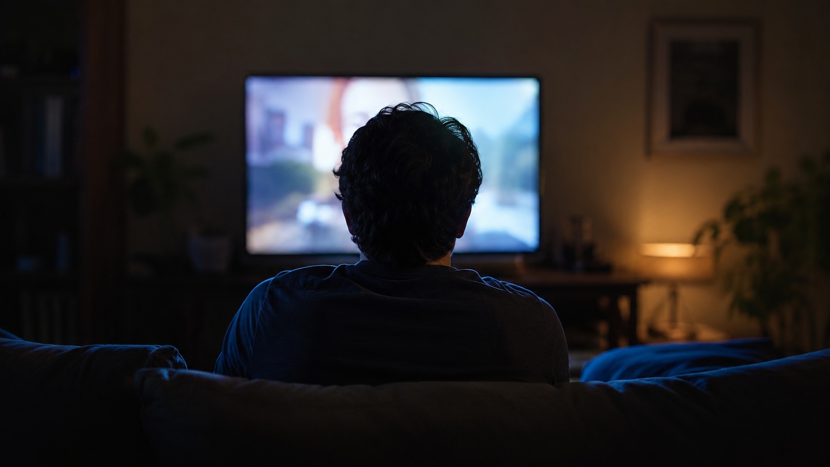 Une personne de dos regarde seule la télévision dans un salon sombre la nuit