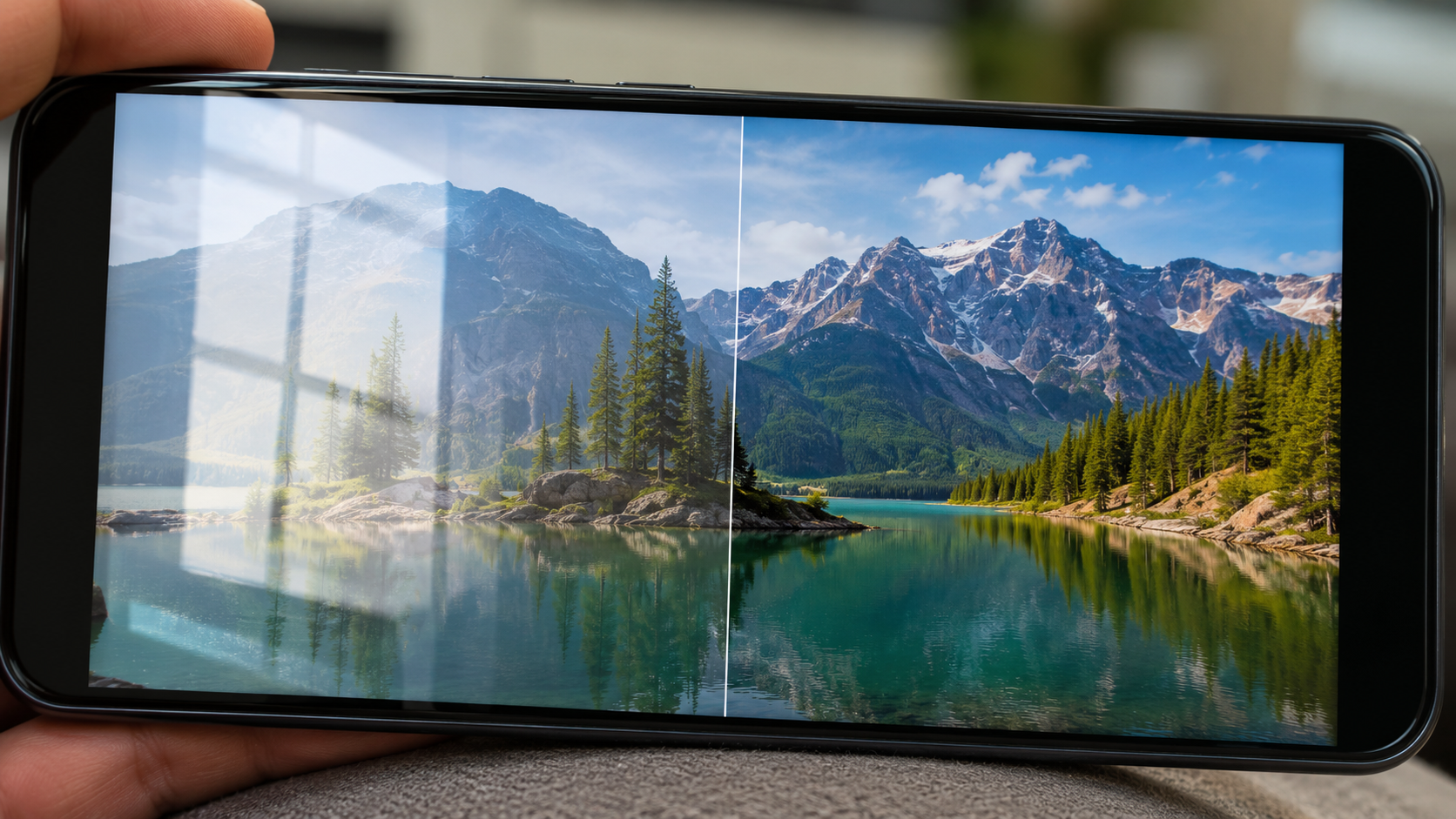 Une photo de paysage sur un écran de téléphone, avant et après l'effacement d'un reflet