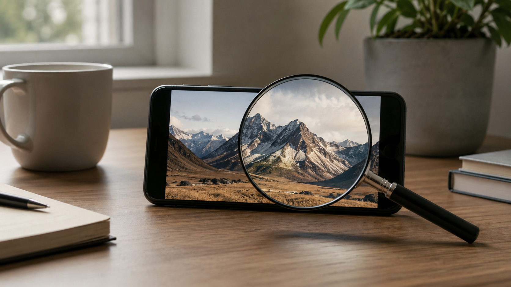 Un smartphone affichant une photographie, avec une loupe évoquant la vérification de son authenticité