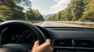 Un compteur de vitesse de voiture dont l'aiguille grimpe, vu depuis le poste de conduite