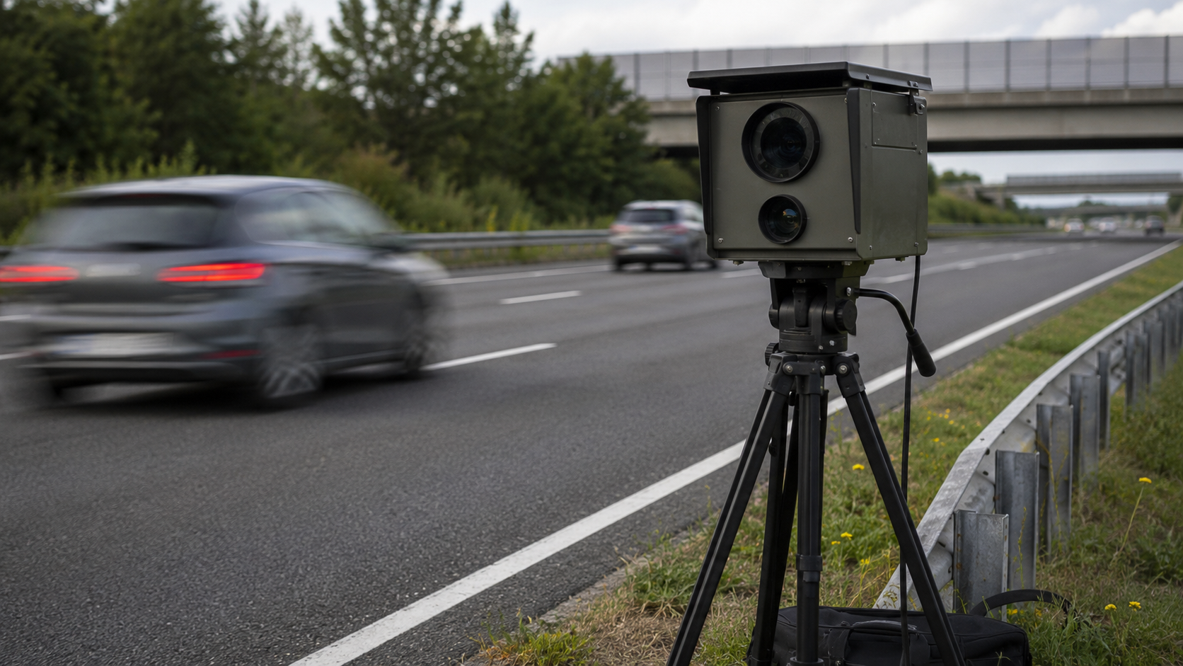 Un radar de vitesse en bord d'autoroute, des voitures passant en léger flou