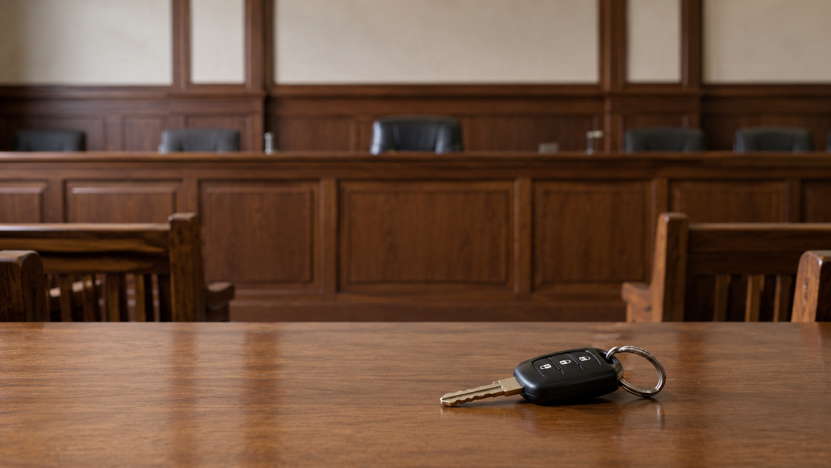 Un trousseau de clés de voiture posé sur une table devant un banc de salle d'audience vide