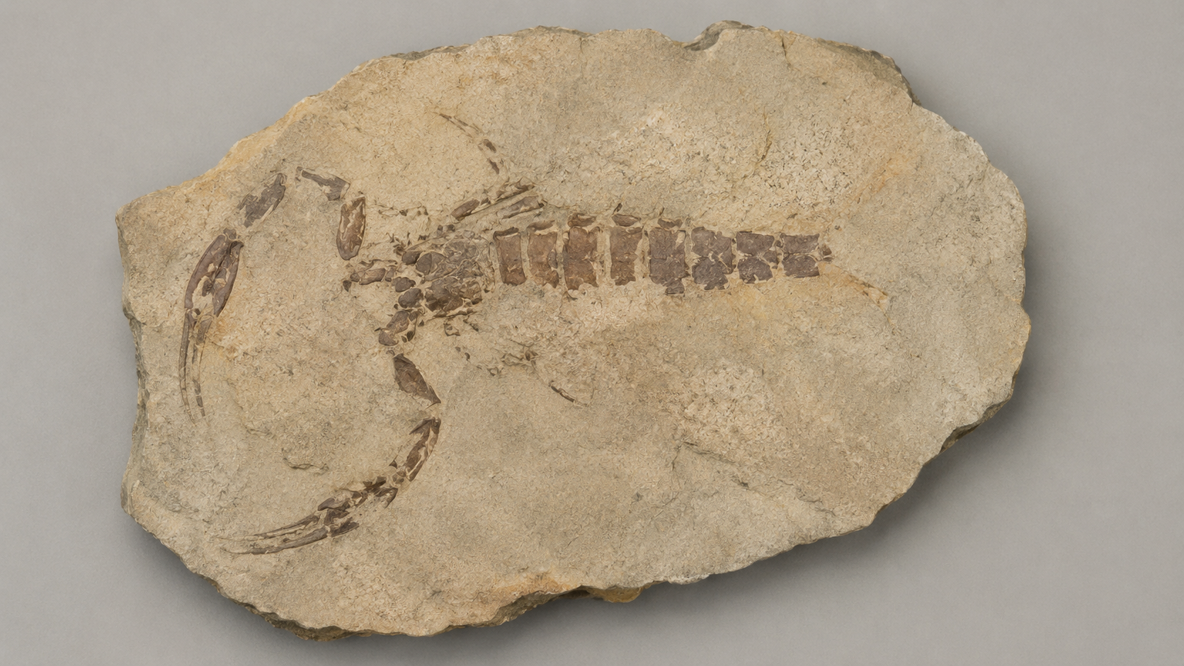 Fragment de fossile de scorpion ancien partiellement visible dans la roche grise