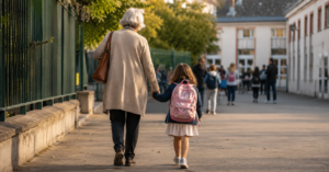 Un grand-parent et un enfant main dans la main, de dos, à la sortie de l'école