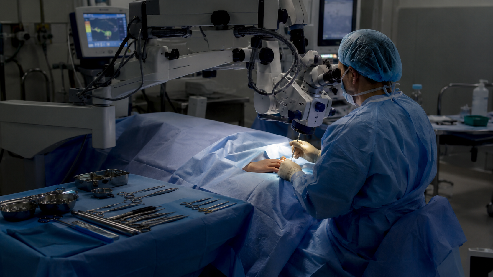 Chirurgien en salle d’operation realisant une intervention microchirurgicale sur une main