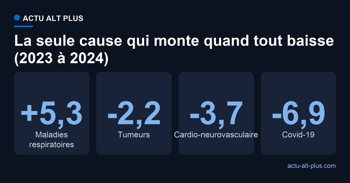 Évolution de la mortalité par cause entre 2023 et 2024 en France, pour 100 000 habitants : respiratoire +5,3, tumeurs -2,2, cardio-neurovasculaire -3,7, Covid-19 -6,9