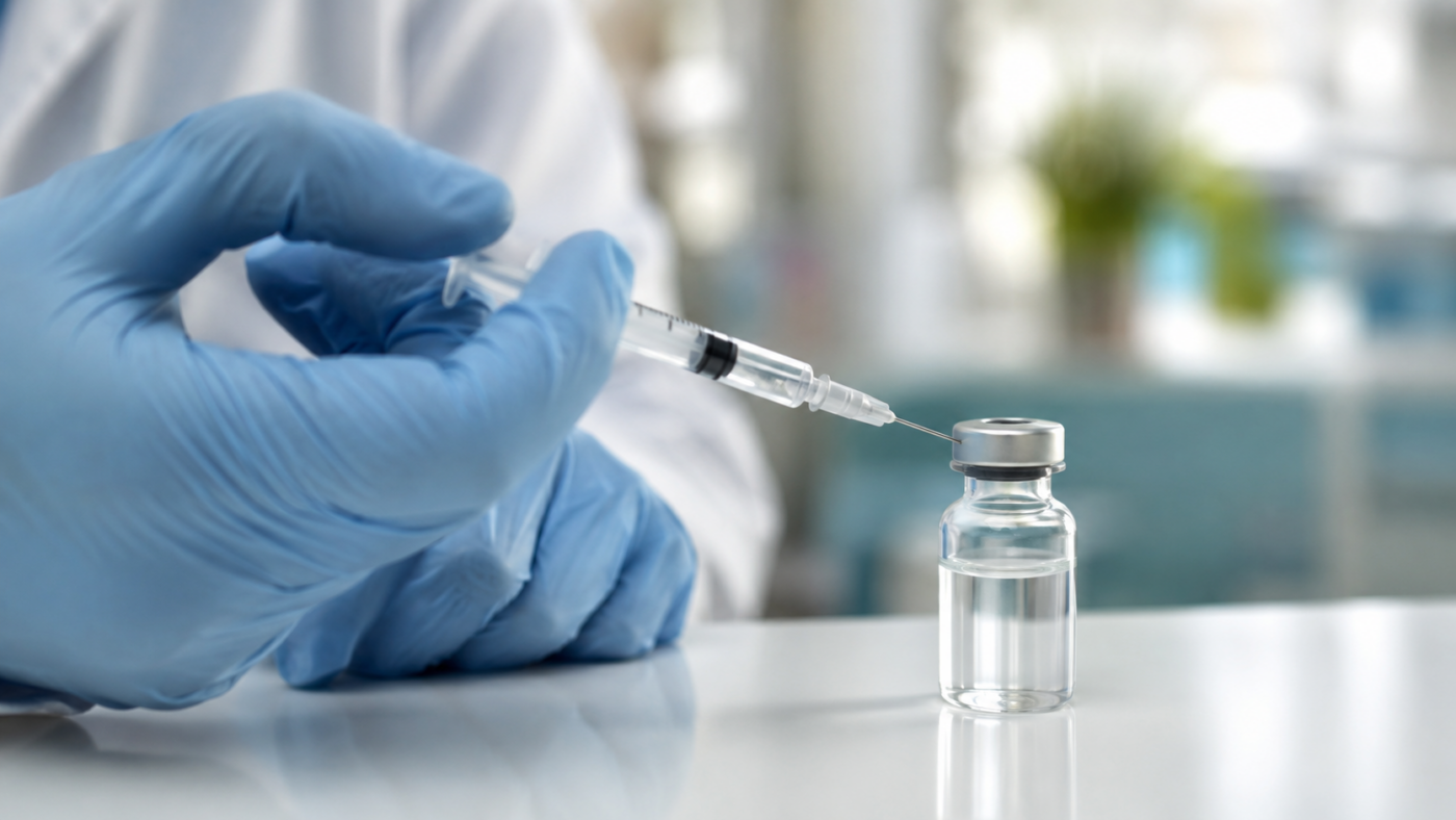 Une main gantée prépare une seringue de vaccin contre la grippe sur un comptoir clair