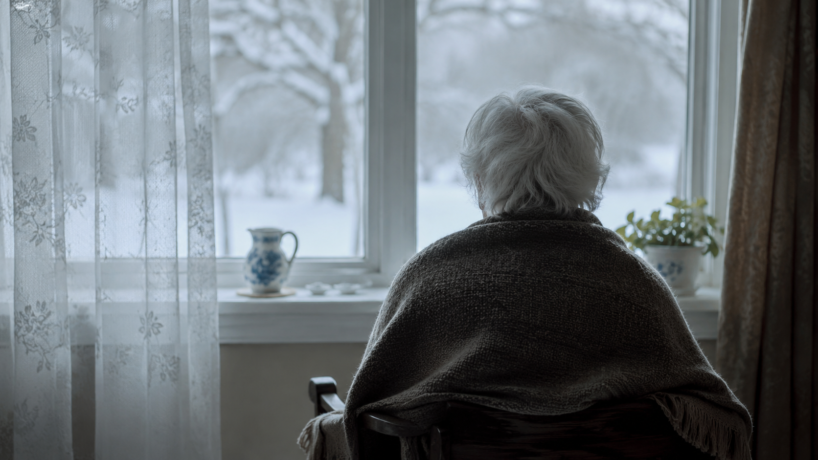 Une personne âgée vue de dos près d'une fenêtre en lumière d'hiver