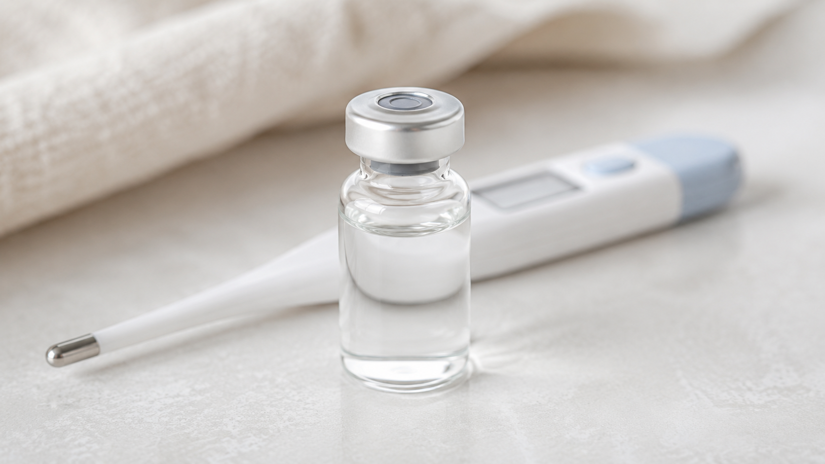 Un flacon de vaccin et un thermomètre posés sur une surface claire et neutre