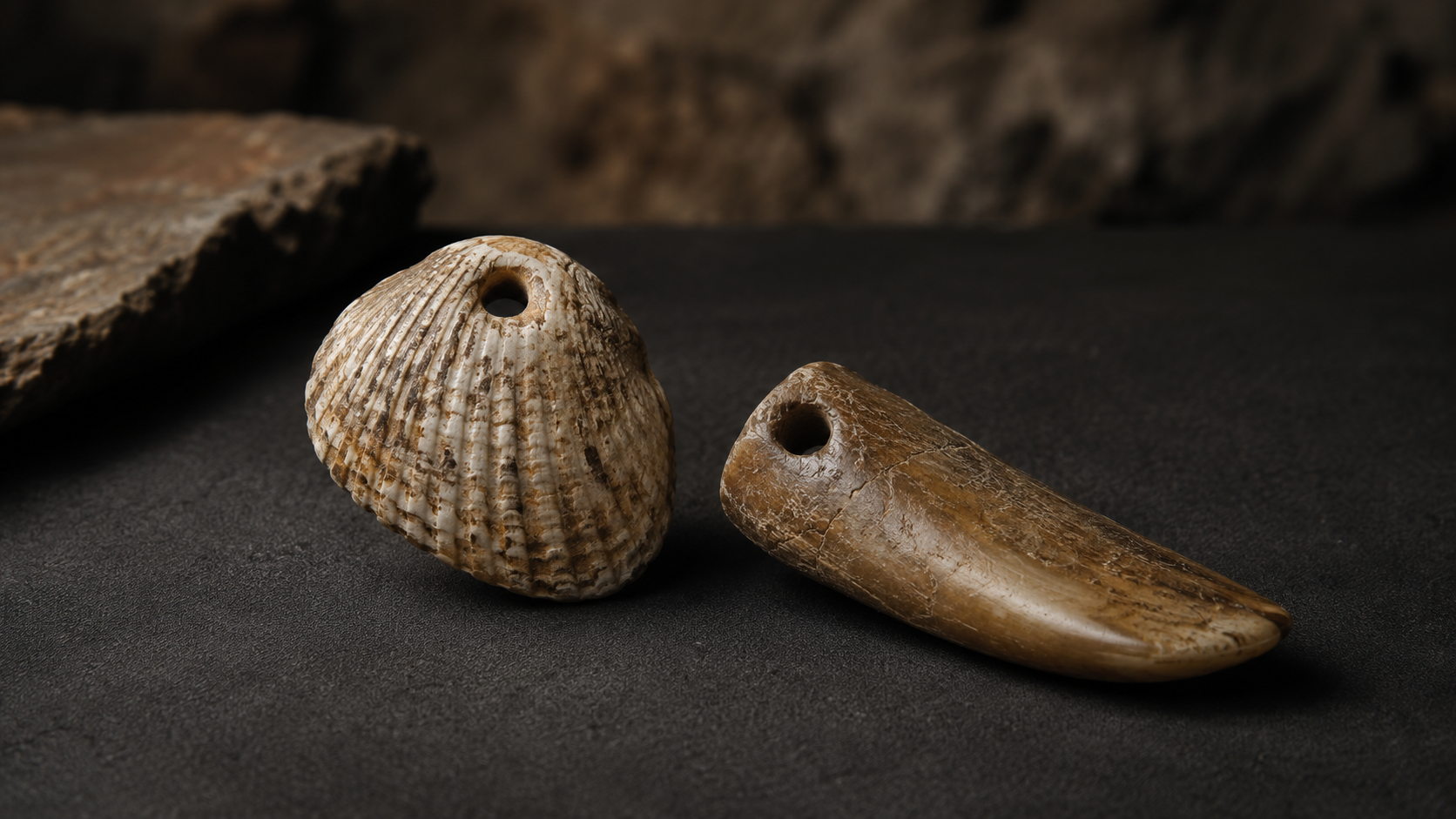 Deux pendentifs préhistoriques, l'un en coquillage et l'autre en dent d'ours brun