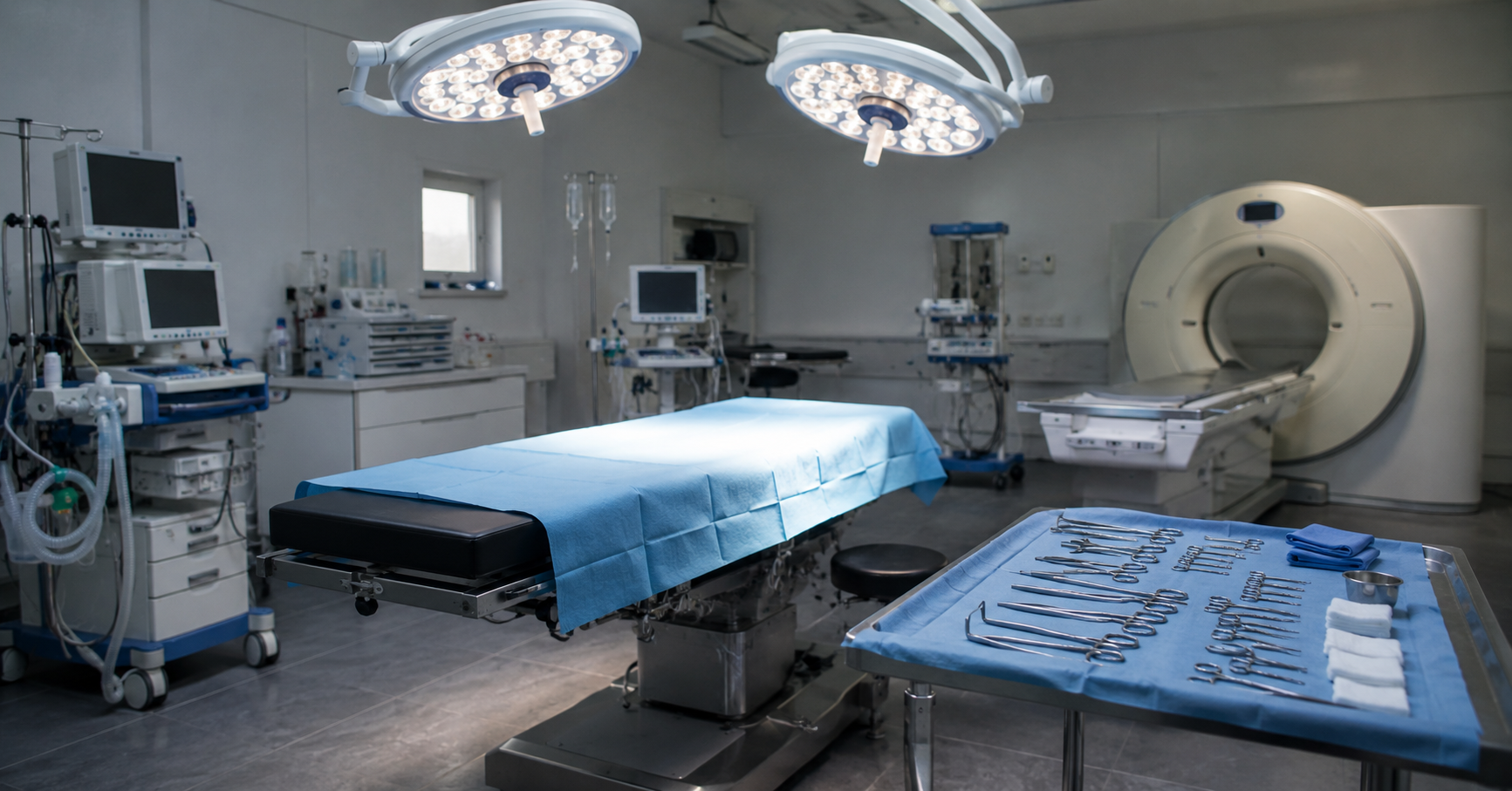 Bloc opératoire vétérinaire avec instruments et scanner en arrière-plan