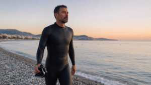 Un triathlète amateur en combinaison marche vers la mer à l'aube avant un départ