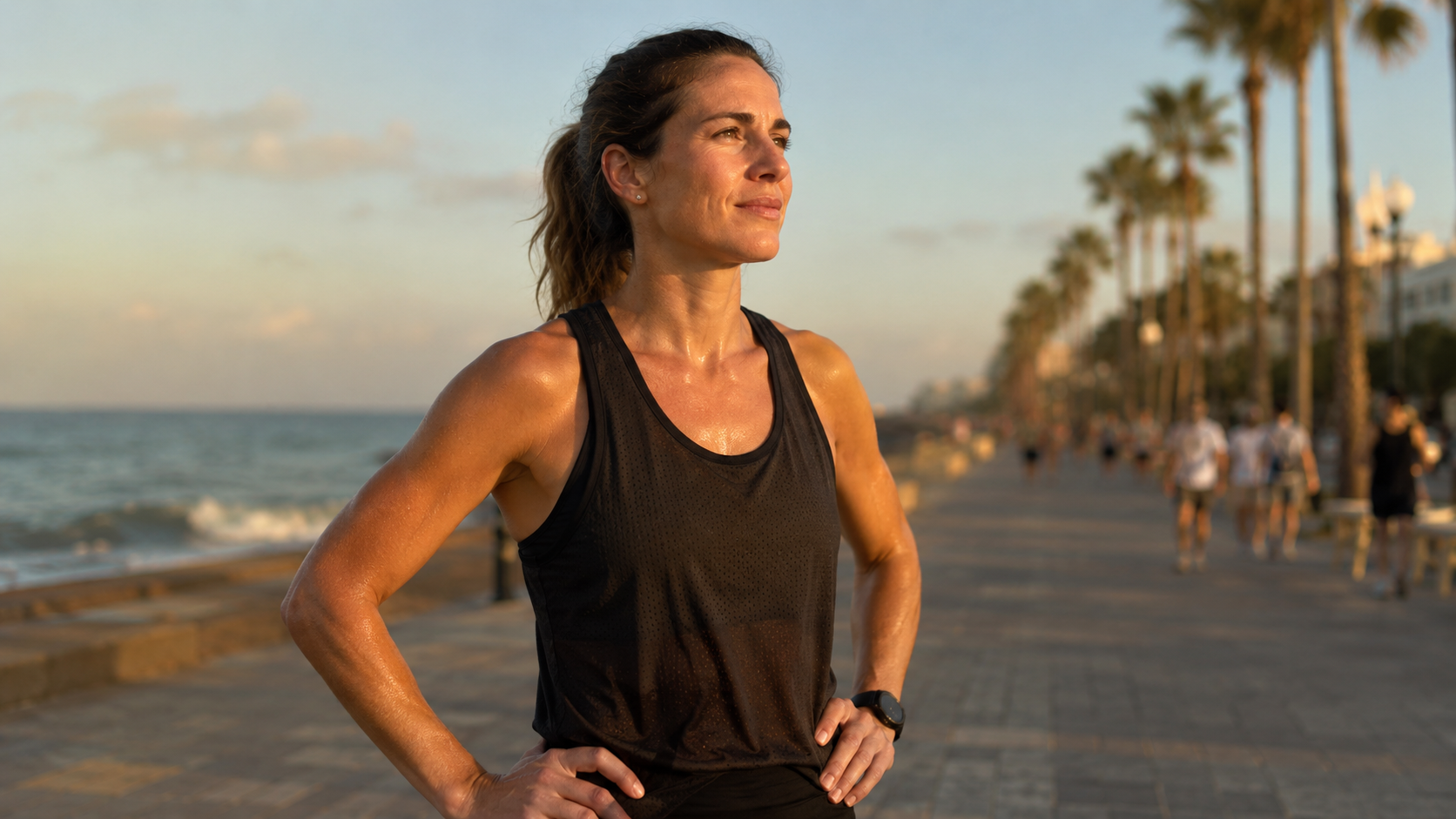 Un coureur reprend son souffle sur une promenade de bord de mer en fin de course