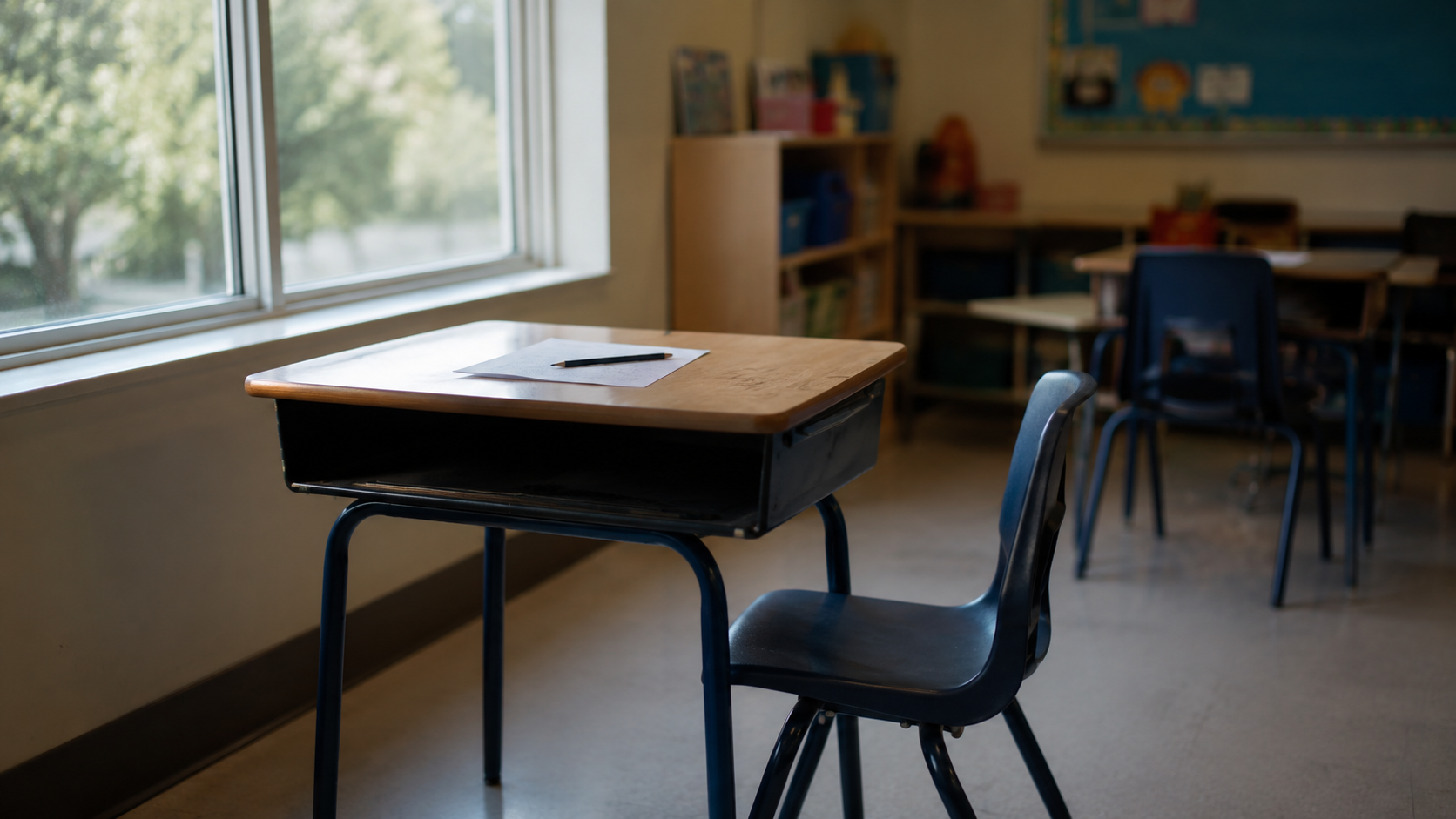 Table d'écolier vide près d'une fenêtre ensoleillée, salle de classe floue en arrière-plan